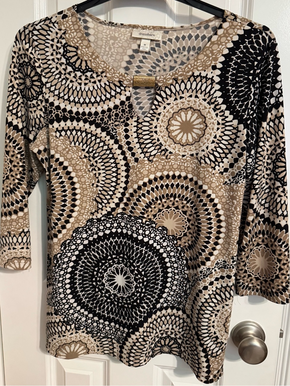 dressbarn Beige, Black & Cream Medallion Print Keyhole Long Sleeve Top